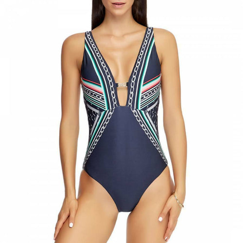 JETS Jessika Allen 4 plunge swimsuit 1-piece silver chain navy riviera