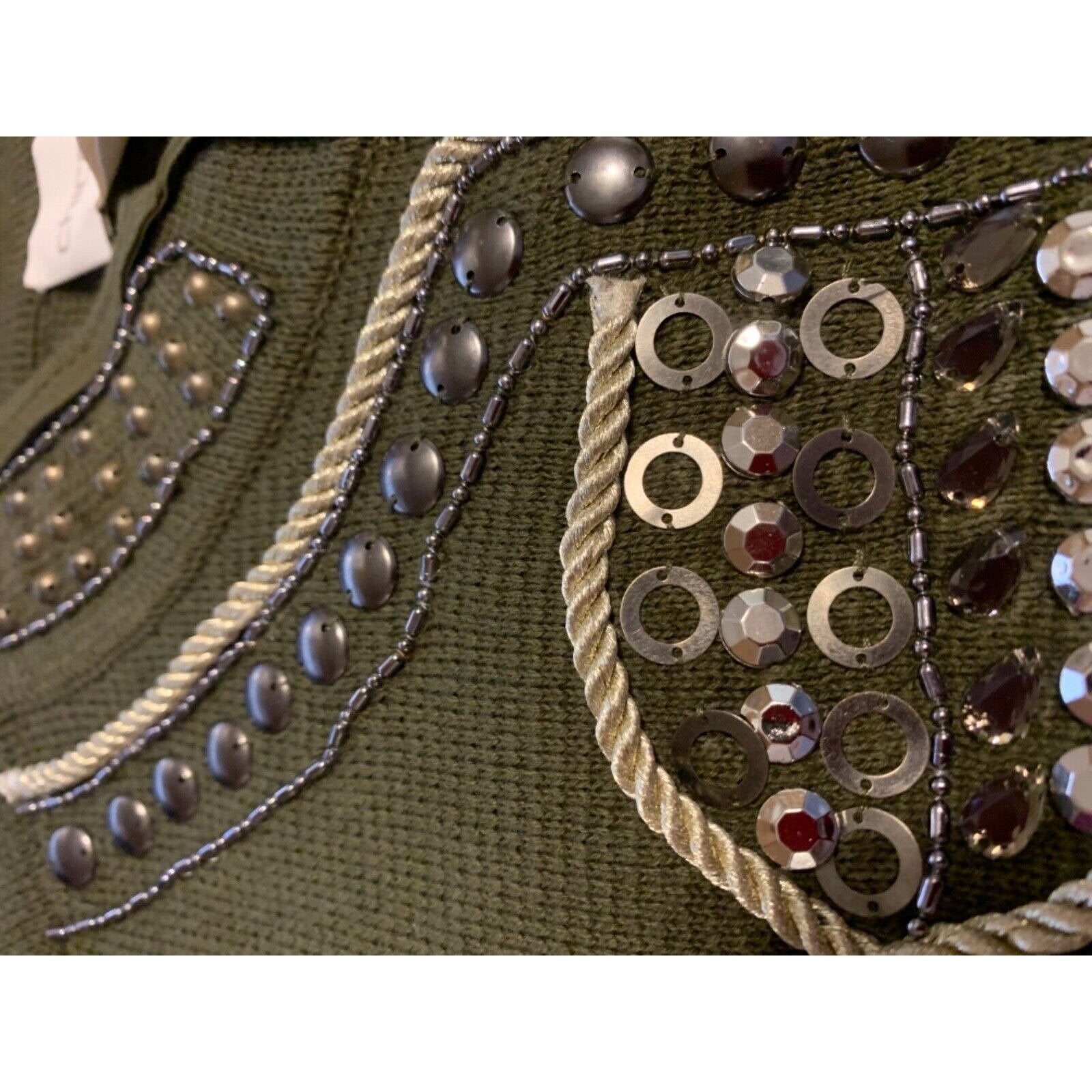 CHICOS 2 (12) military embellished sweater jacket cardigan olive $139 –  Jenifers Designer Closet