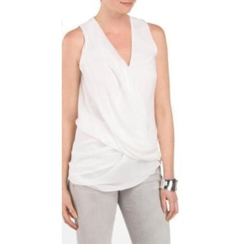 HELMUT LANG LG white lined sheer sleeveless overlap asymmetric hem top shirt