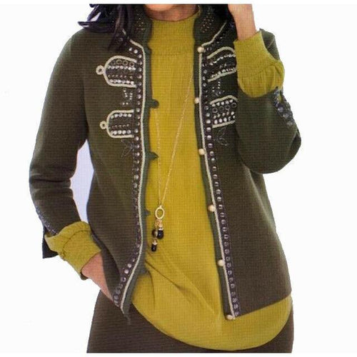 CHICOS 2 (12) military embellished sweater jacket cardigan olive $139 studs