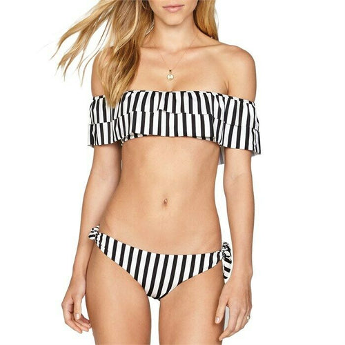 AMUSE SOCIETY M Anthropologie bikini swimsuit striped ruffle off shoulder