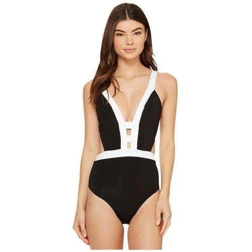 JETS by Jessika Allen AU-10 US-6 swimsuit black white plunging one-piece