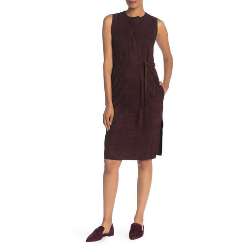 VINCE 4 brown lambskin buttersoft suede leather midi dress v-neck knee $995