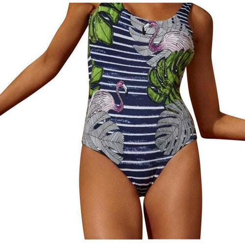 ONIA Kelly L pink flamingos stripe swimsuit one piece $195 tank maillot navy