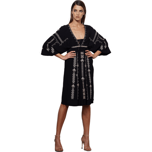 GREYLIN Nadia XS embroidered boho peasant dress black gauzy 3/4 sleeve