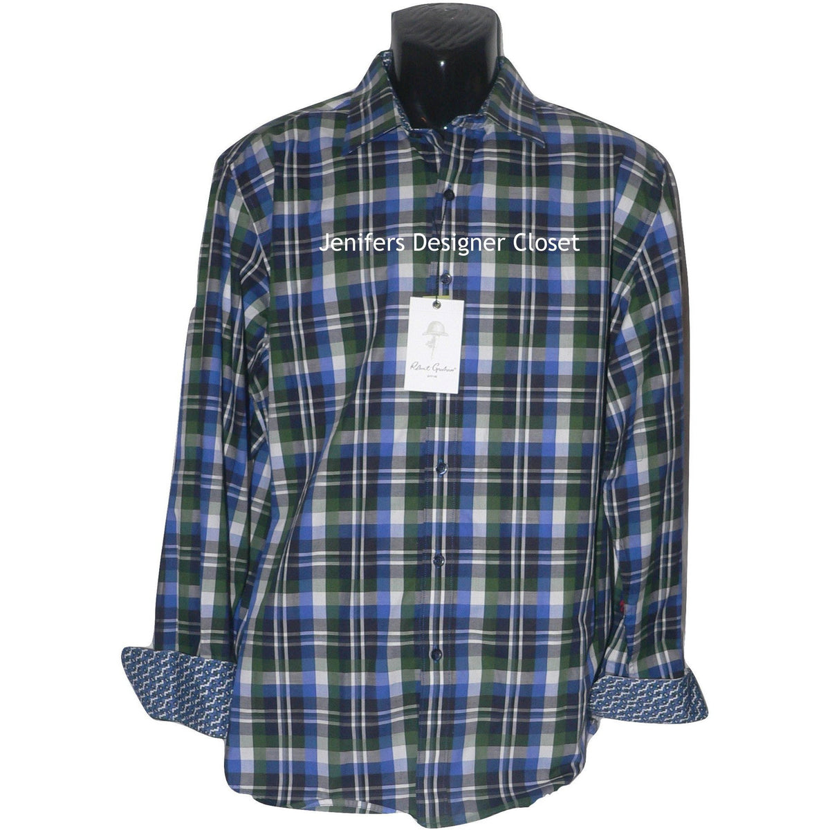 ROBERT GRAHAM shirt blue green white plaid /contrast cuffs men's ...