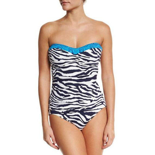 TOMMY BAHAMA 6 Zebra bandeau Swimsuit strapless blue 1 piece