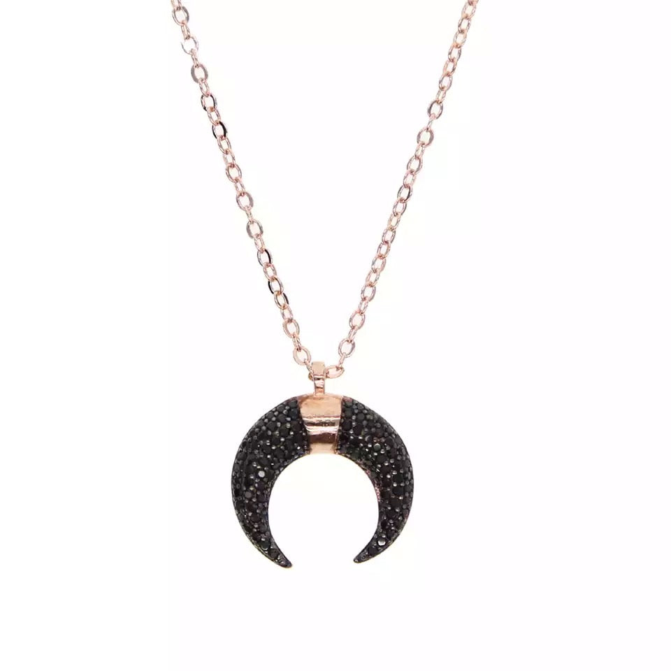 EMOTIONAL - 18K Rose Gold Plated Black Diamond Moon Necklace