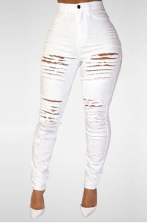 high rise white distressed jeans