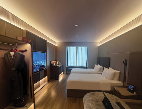 The angle recess channel is used with LED strip light for a hotel room cove lighting to bring guests a relaxing and cozy feeling of home.
