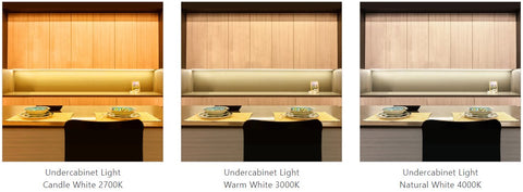 Under cabinet lights rendering comparison between 2700K, 3000K, and 4000K color temperatures.