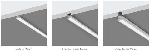 Surface mount, shallow recess, and deep recess installation options for under cabinet lights.