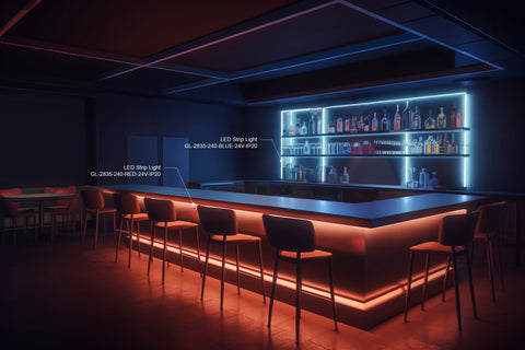 Sleek bar design illuminated by red and blue LED strip lights with model numbers, showcasing a well-stocked backlit bar shelf and modern stools in a dark ambient setting.