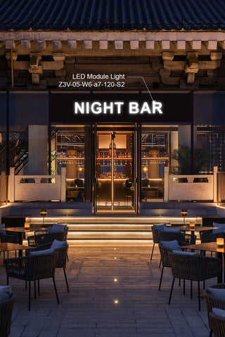 Elegant outdoor night bar entrance with LED Module Light, traditional tile roof detailing, warmly lit steps, stylish patio furniture, creating an inviting and luxurious atmosphere.