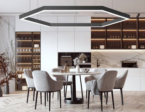 GL LED 8070 series 120 degree L-shape and straight modules form a hexagonal-shaped light suspended in a dinning room.