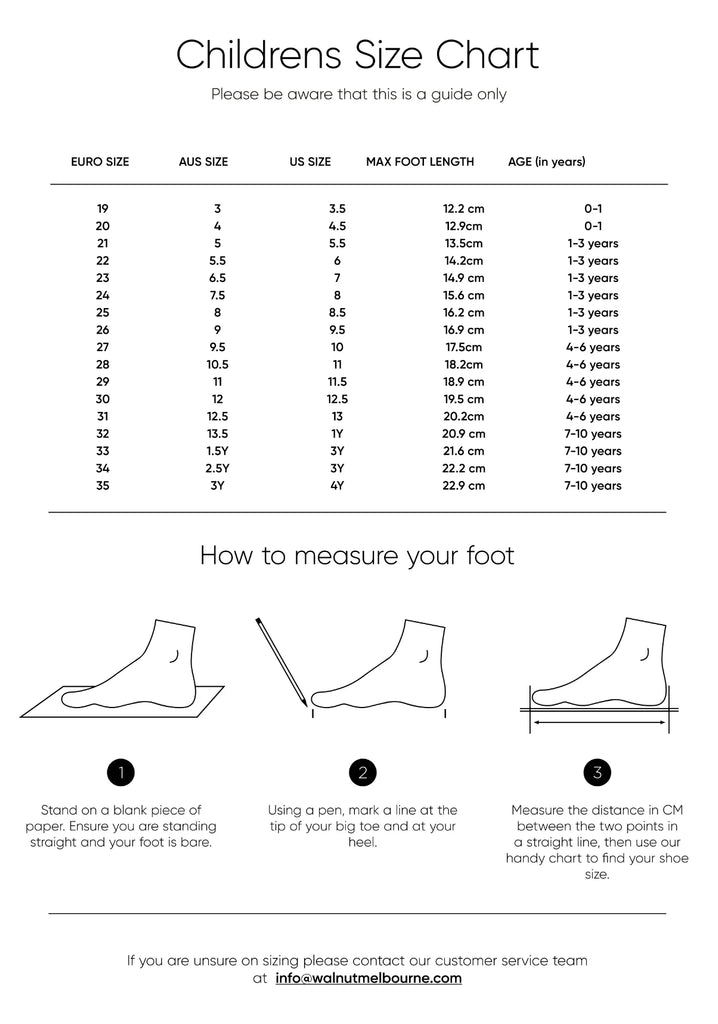 Childrens Walnut shoe size Guide