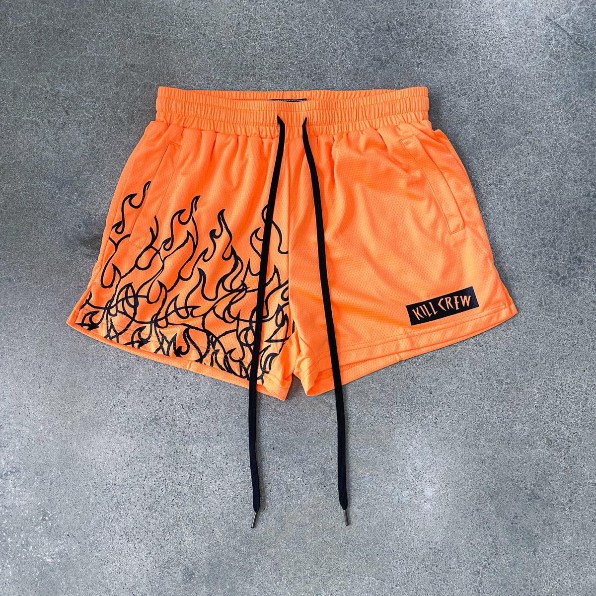 MUAY THAI FLAME SHORTS (MID THIGH CUT) - NEON ORANGE / BLACK - Kill Crew