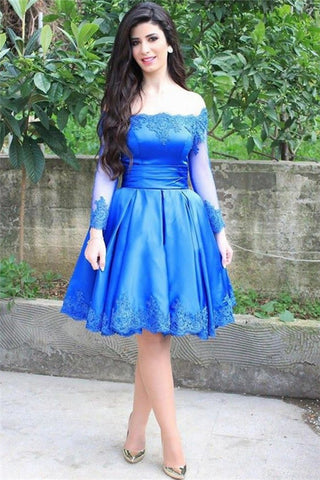 A Line 2017 Elegant Roayl Blue Lace Appliques Long Sleeve Homecoming Dress