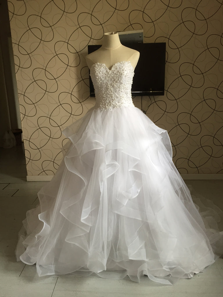 Ball Gown Top Beaded Pearls Long Tiered Tulle Wedding