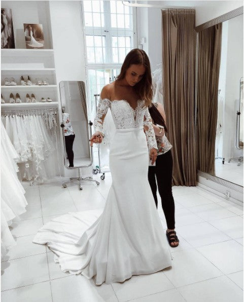 Sexy 2020 White Satin Long Sleeves Mermaid Wedding Dresses Off Shoulder Trumpet Plus Size Bridal Gowns Sweep Train Boho Beach Wedding Dress Wedding Designers Wedding Dress Outlet From Bridalmall 110 54 Dhgate Com