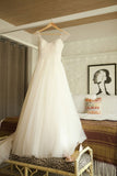 Simple A-line Long White Long Tulle Wedding Dress with Beads Cap Sleeves