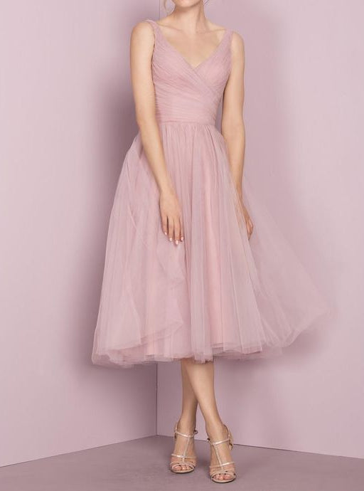 XH77 Deep Blush Tulle Prom Dress,Tea Length V-neckline Evening Dress ...