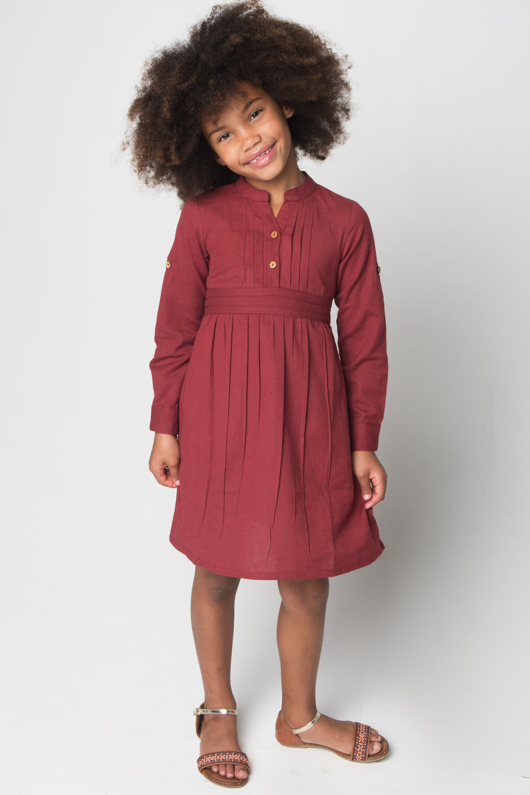 Maroon Pleated Notch Dress with Belt and Button Closure – Yo Baby
