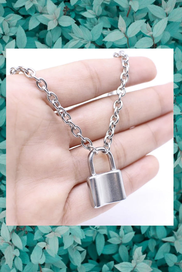 Grunge Silver Padlock Pendant Necklace