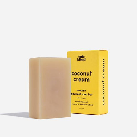 coconut cream bar soap by Epic Blend in Yellow box