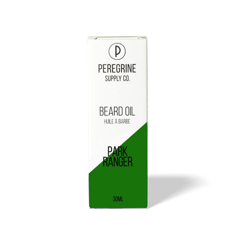 park ranger beard oil in green and white box by peregrine supply