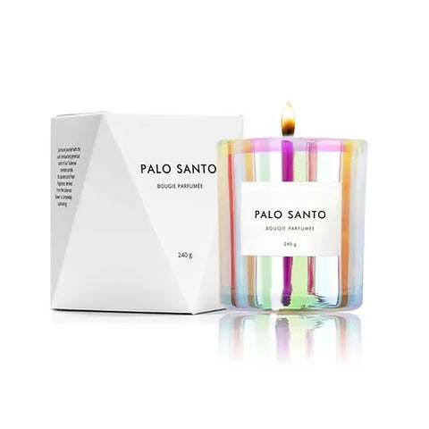 palo santo candle in iridescent vessel