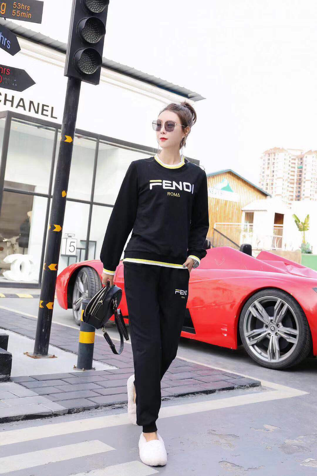 Fendi Women High collar Long Sleeve Top Pants Two-Piece