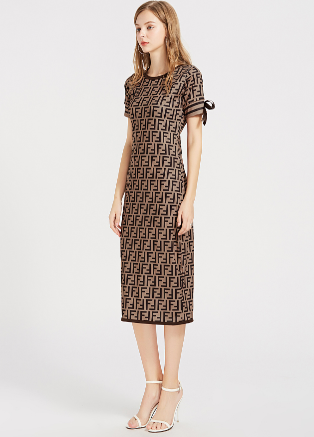 Fendi Sexy Popular Women F Letter Print Short Sleeve Round Collar High Waist Knee-Length Dress