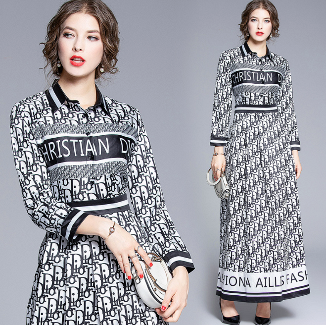 DIOR Autumn New Fashion Women Slim Print Long Sleeve Lapel Dress