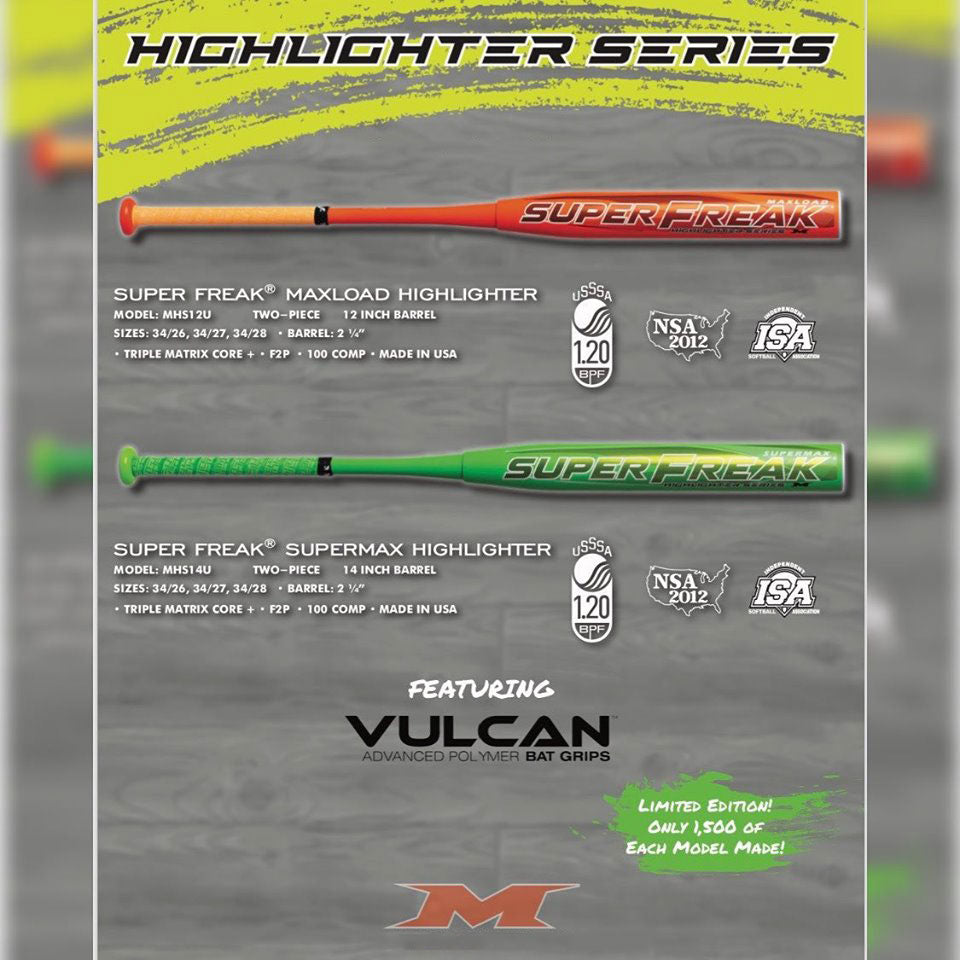 Miken Super Freak Maxload Highlighter and Supermax Highlighter Baseball Bat specifications