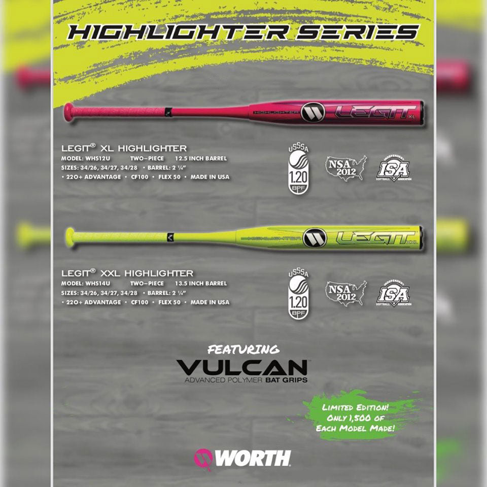 Worth Legit XL and Legit XXL Highlighter Baseball Bat specifications
