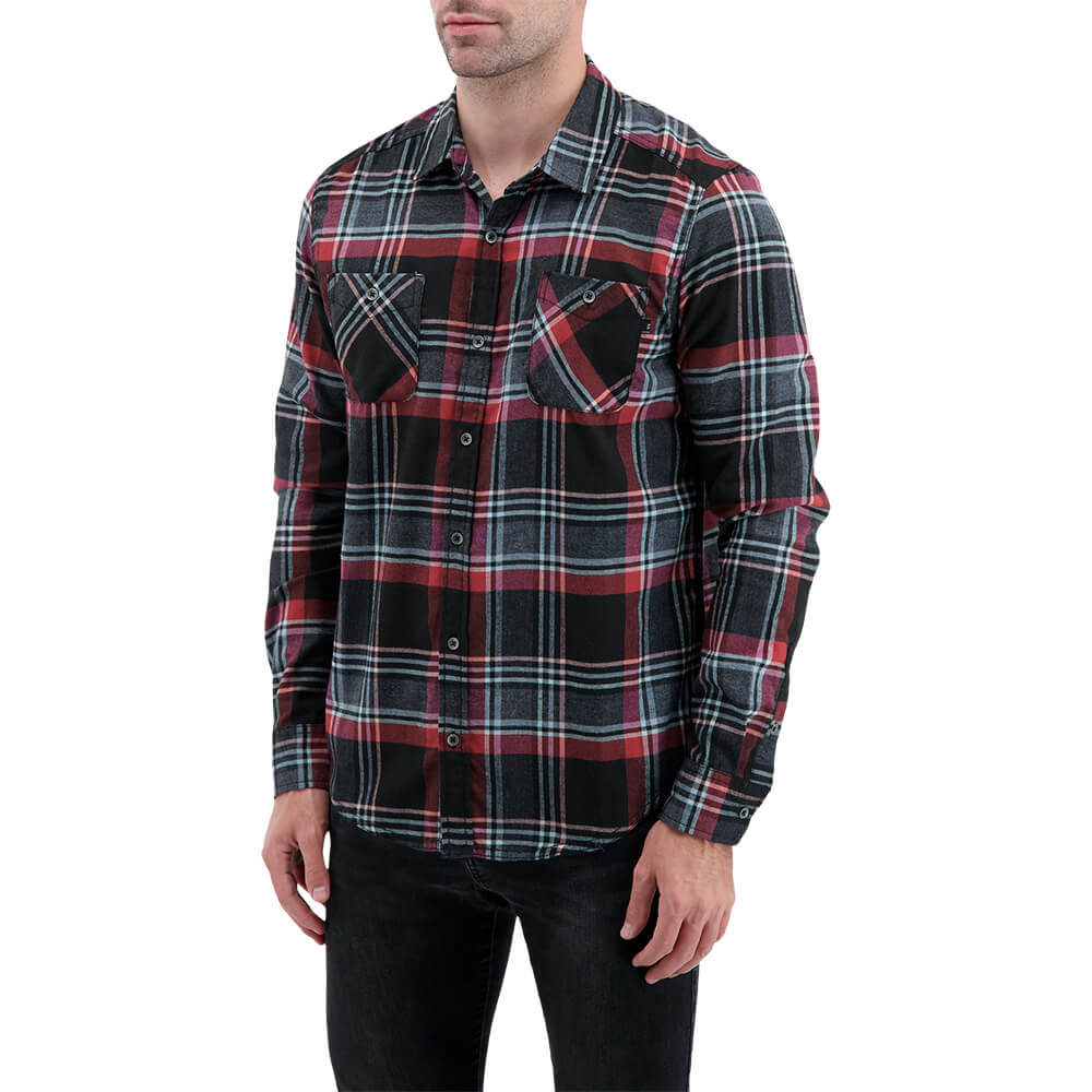 BURNSIDE MEN'S LONG SLEEVE WOVEN PLAID SHIRT BLACK