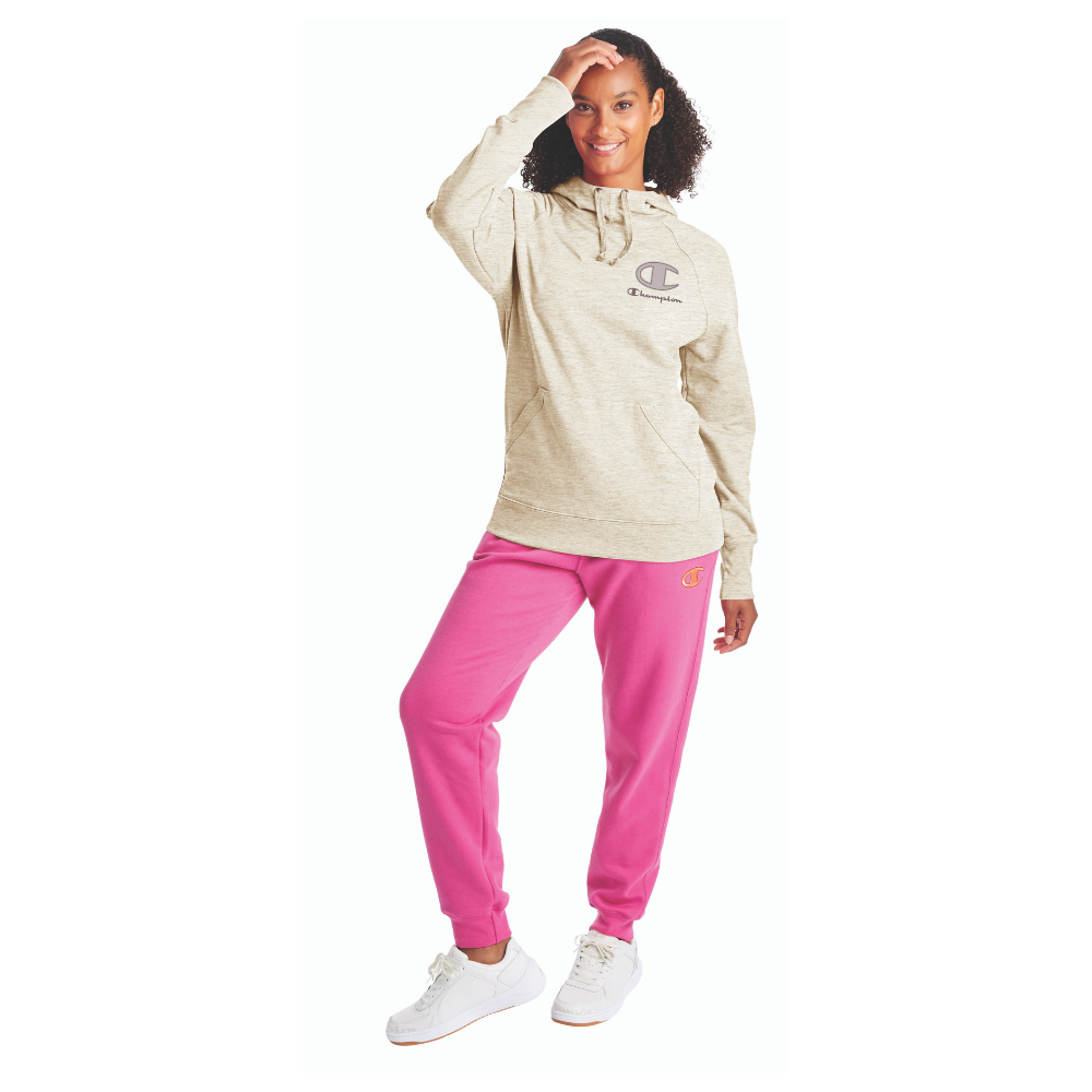 CHAMPION WOMEN'S POWERBLEND VELVET APPLIQUE HOODY  OATMEAL