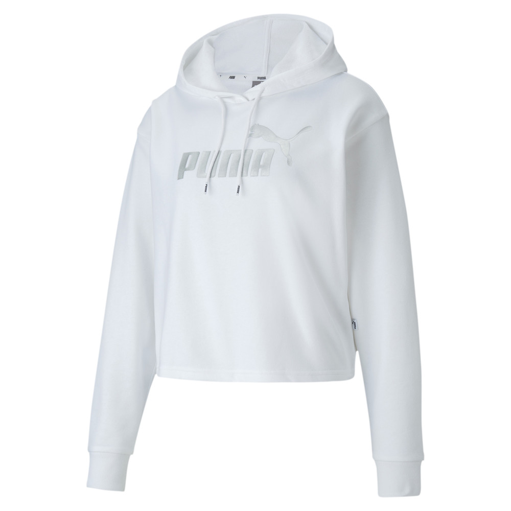 PUMA WOMEN'S ESSENTIAL METALLIC CROPPED HOODY TOP WHITE SILVER