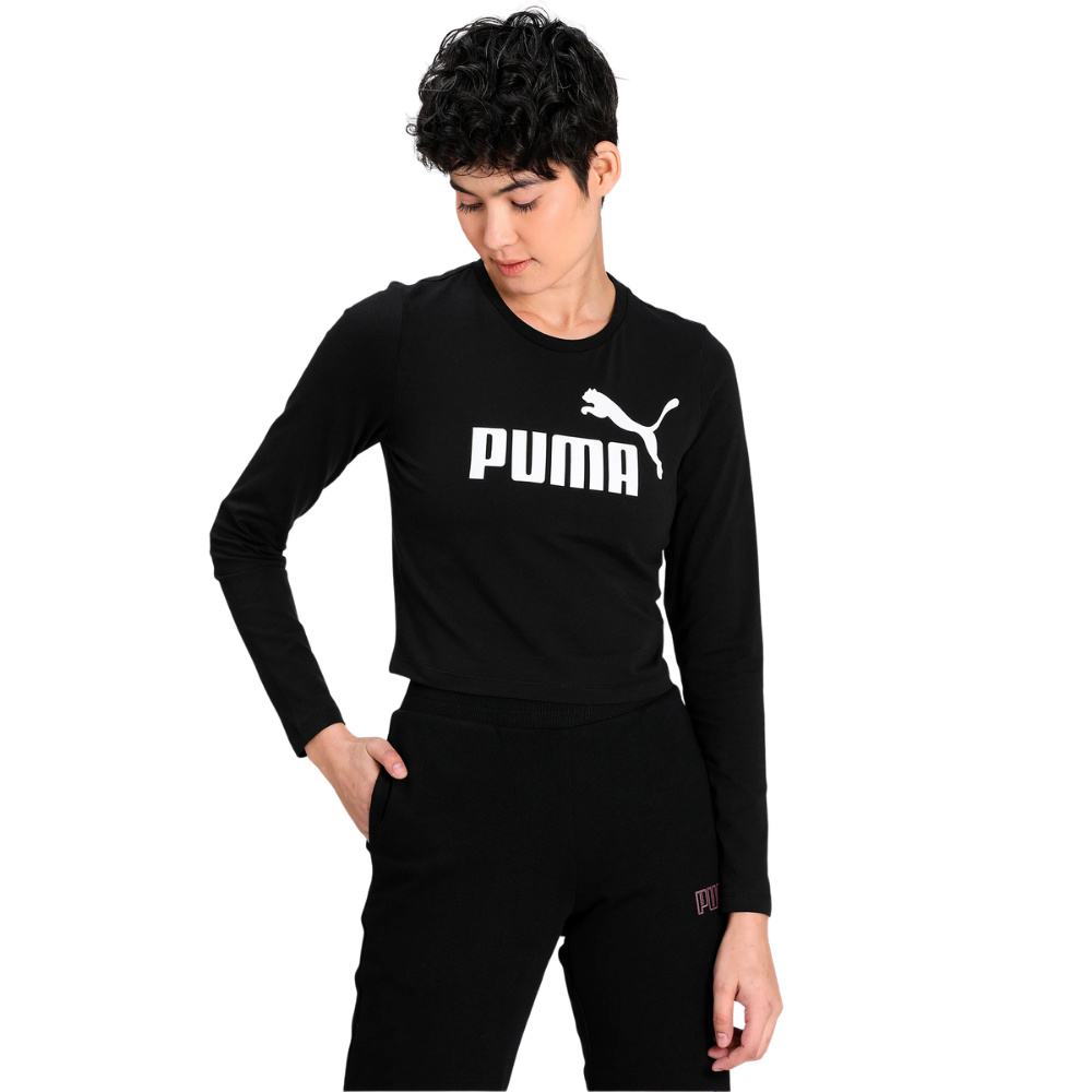 PUMA WOMEN'S ESSENTIAL LOGO LONG SLEEVE FITTED TOP BLACK