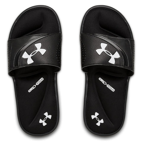 pink and black under armour slides