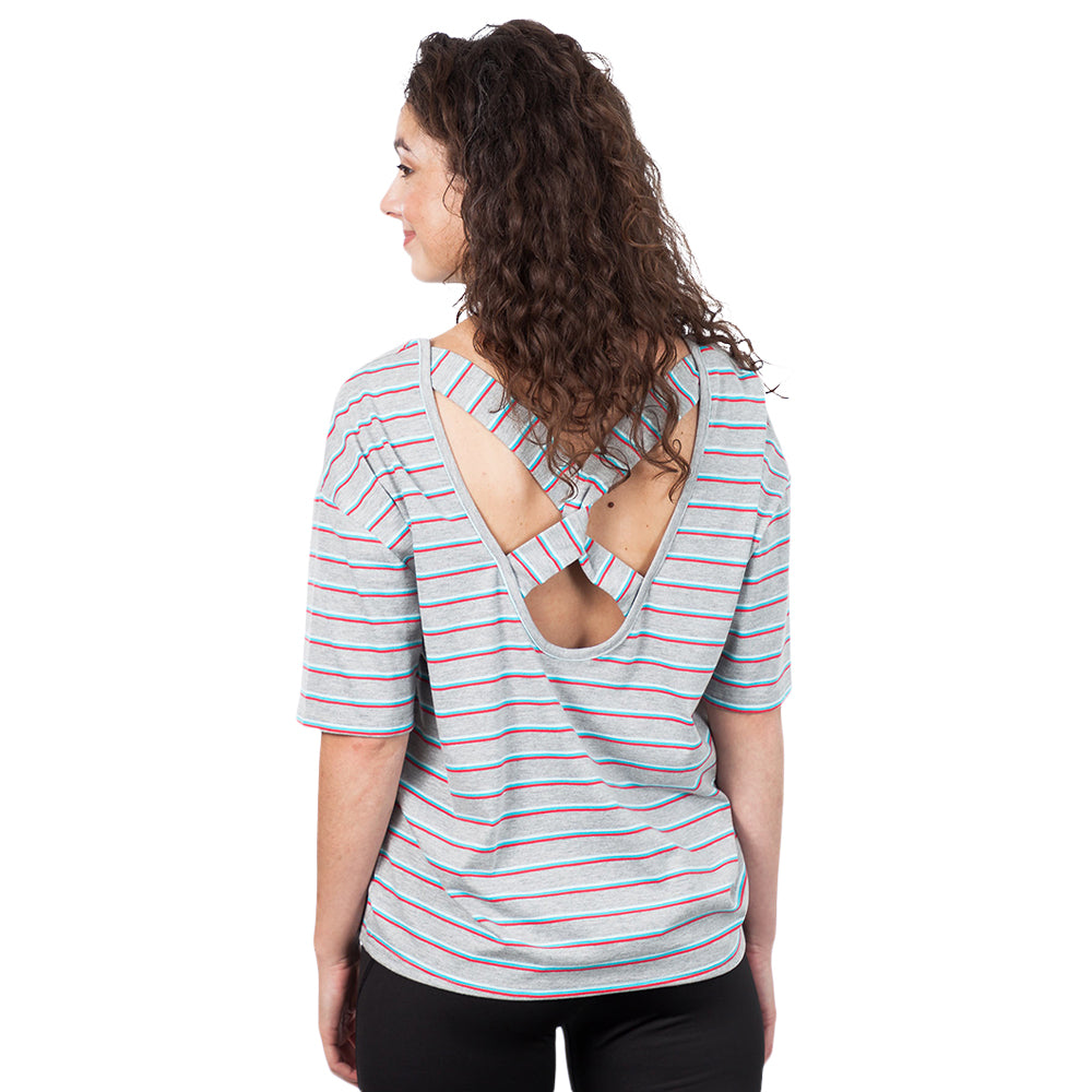 ELLE SPORTSWEAR WOMEN'S OPEN BACK STRIPED TEE HEATHER MIX