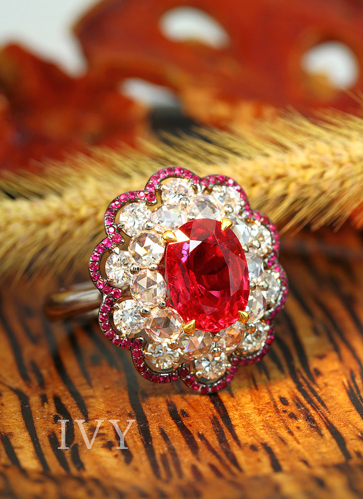 Red spinel and diamond ring