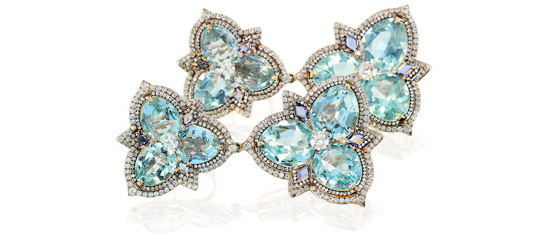 Aquamarine, Iolite, Sapphireand diamonds earrings, IVY 