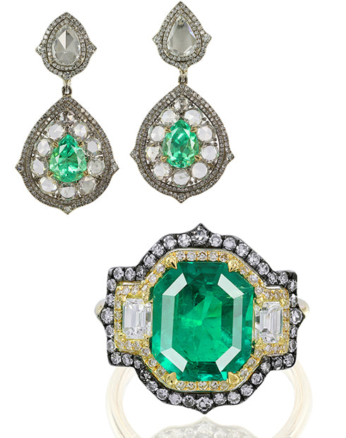 IVY New York earrings and a ring with emeralds and diamonds