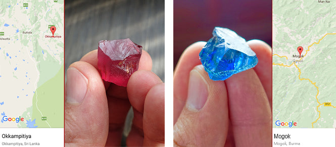 30.39 carats crystal red spinel, Sri Lanka, 52.28 carats rough sapphire, Burma