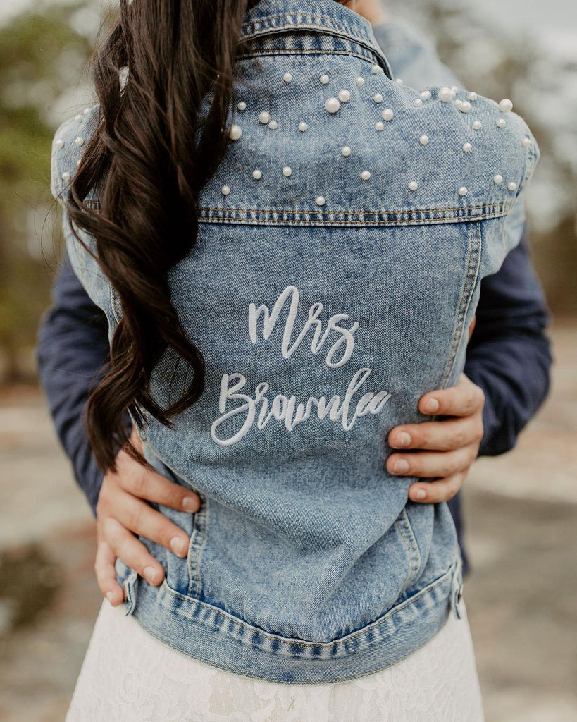 bride jean jacket with calligraphy