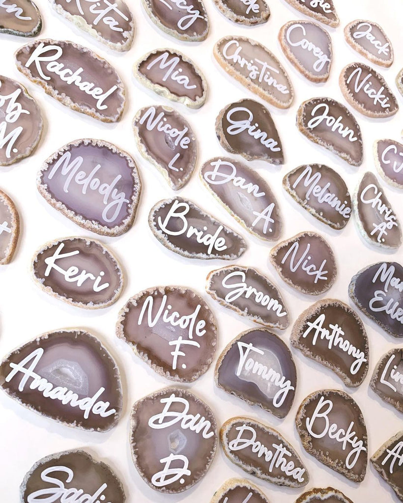 agate escort cards calligraphy