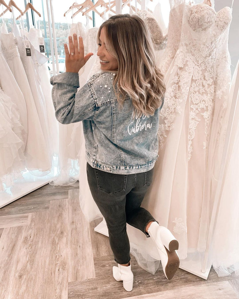 wedding dress shopping jean jacket