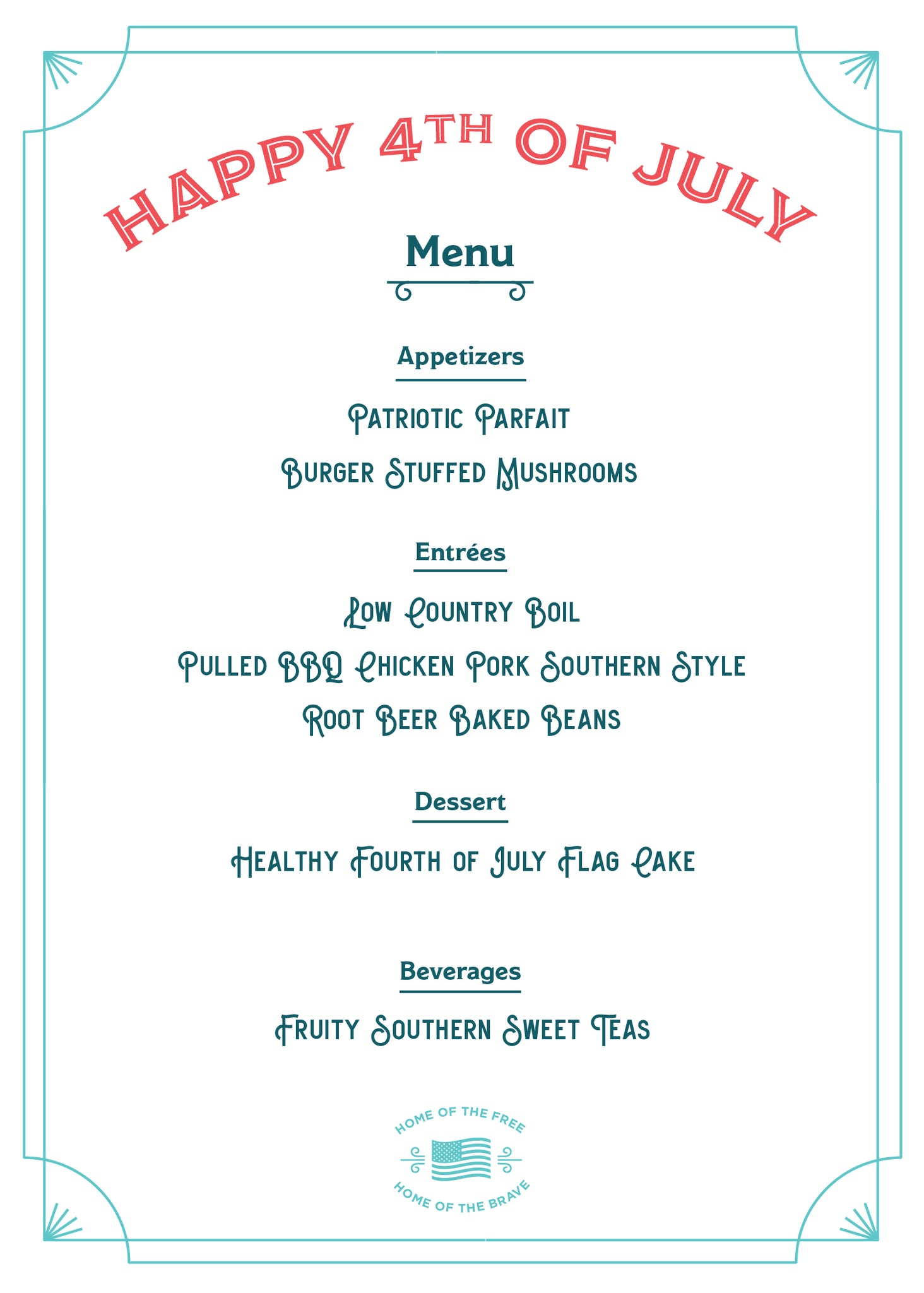 Happy 4th of July Southern Breeze Menu